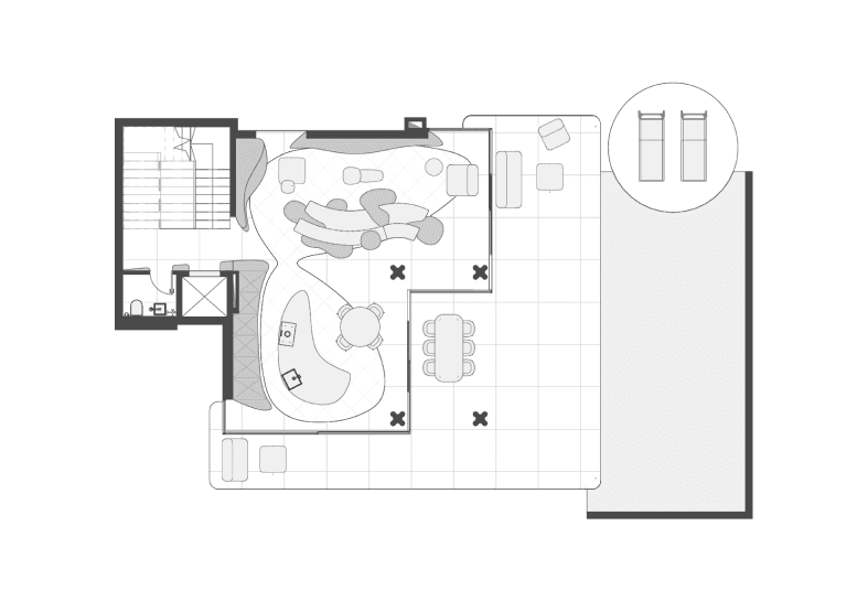 Living level · lounge, kitchen, dining, terraces and pool